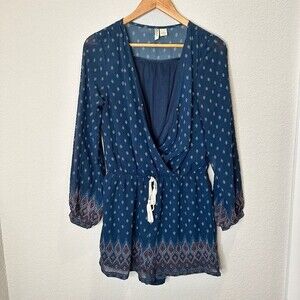 Japna Navy Blue Boho V-Neck Sheer Sleeve Shorts Romper - Size Large - EUC